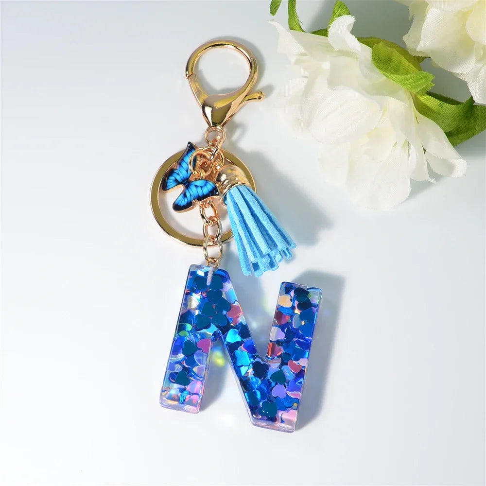 A-Z Blue Butterfly Tassel 26 Initials Keychain Women's Fashion Heart Sequin Letter Keyring Handbag Charm Car Trinket Accessories