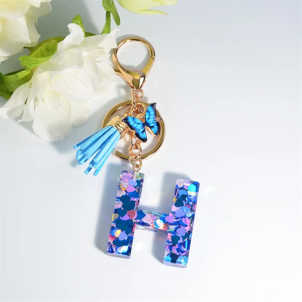 A-Z Blue Butterfly Tassel 26 Initials Keychain Women's Fashion Heart Sequin Letter Keyring Handbag Charm Car Trinket Accessories