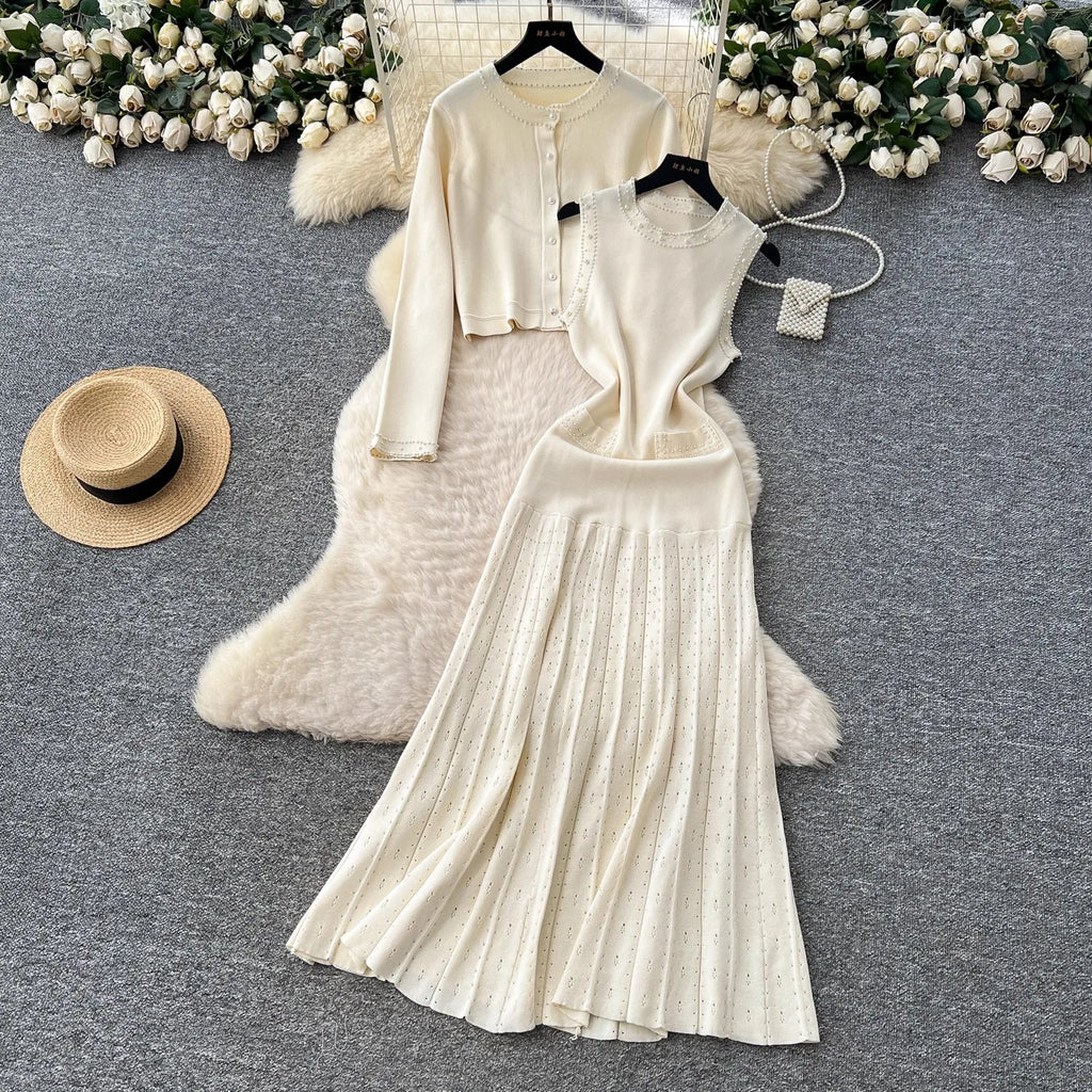 YuooMuoo Brand Fashion Women Two Piece Dress Set 2025 Autumn Winter Luxury Pears Long Fancy Dresses and Long Sleeve Cardigans