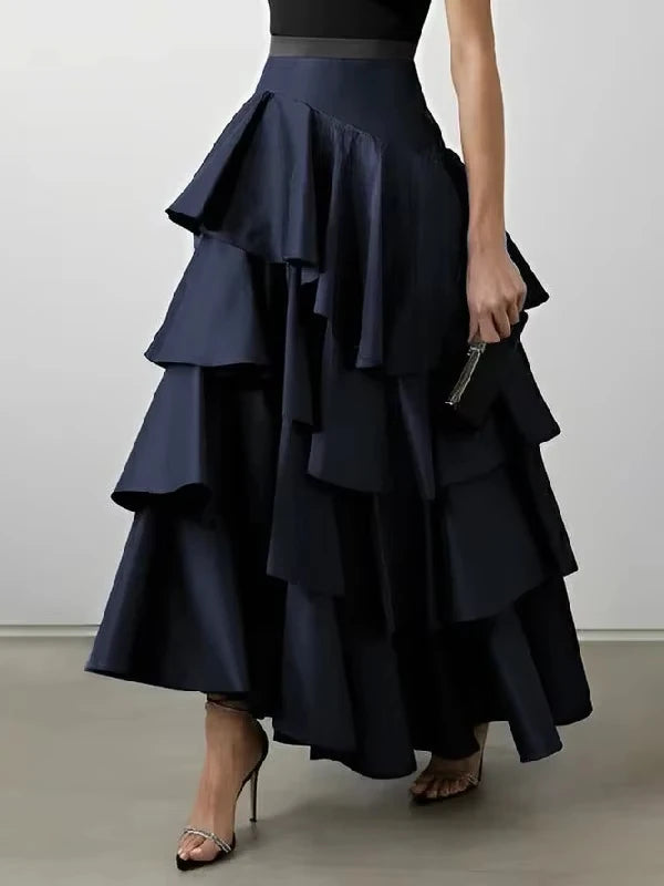 UOOZEE Women Fashion Elegant Falbala A-Line Skirt 2025 New Spring Summer Solid Color High Waisted Party Prom Maxi Skirts