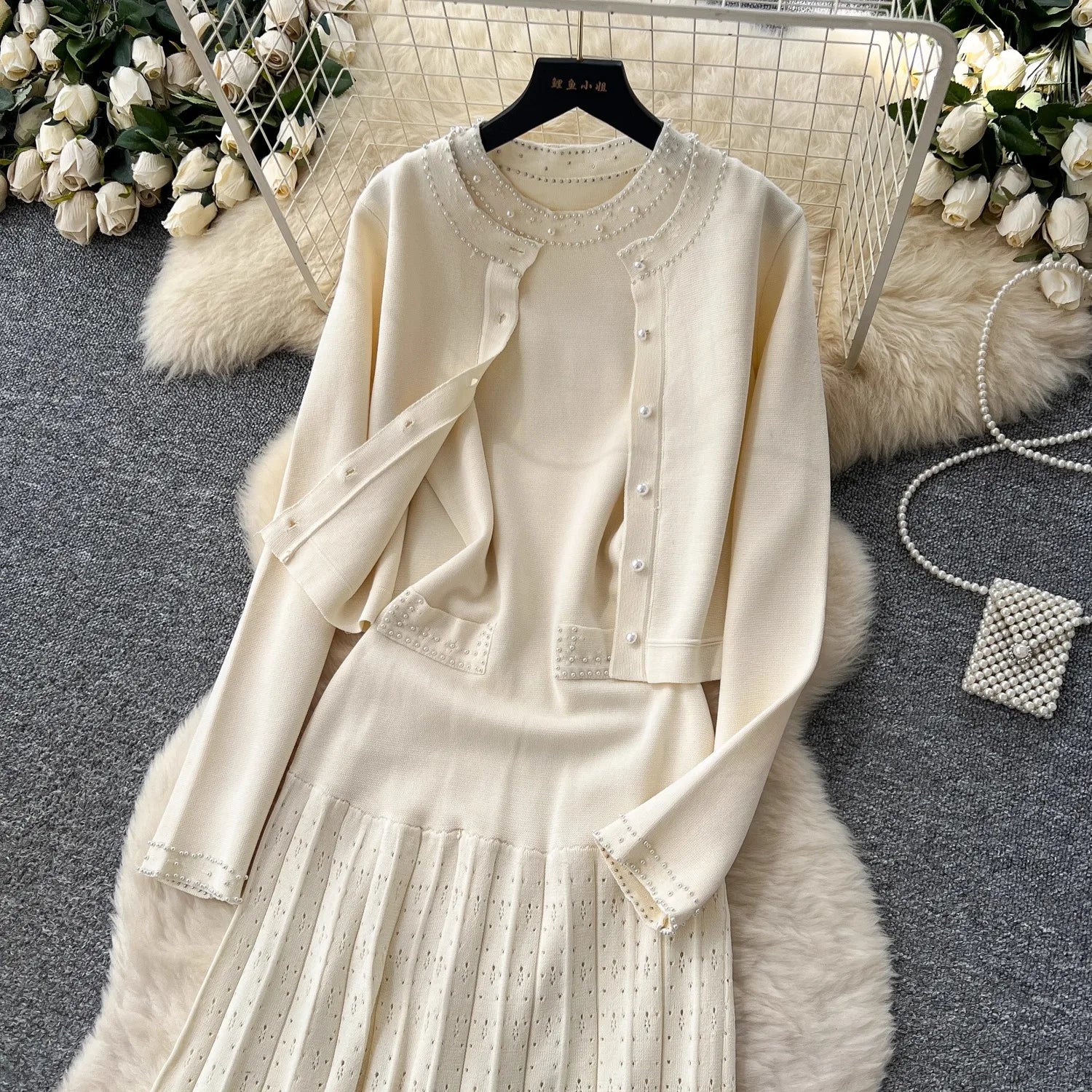 YuooMuoo Brand Fashion Women Two Piece Dress Set 2025 Autumn Winter Luxury Pears Long Fancy Dresses and Long Sleeve Cardigans
