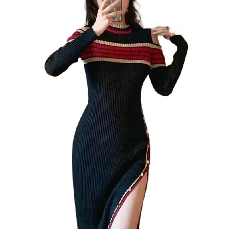 French Style Knitted Dress Slim Fit Shoulder Bared Long Gown for Women Autumn Fashion Elegant Ladylike Body Shape Highlighting