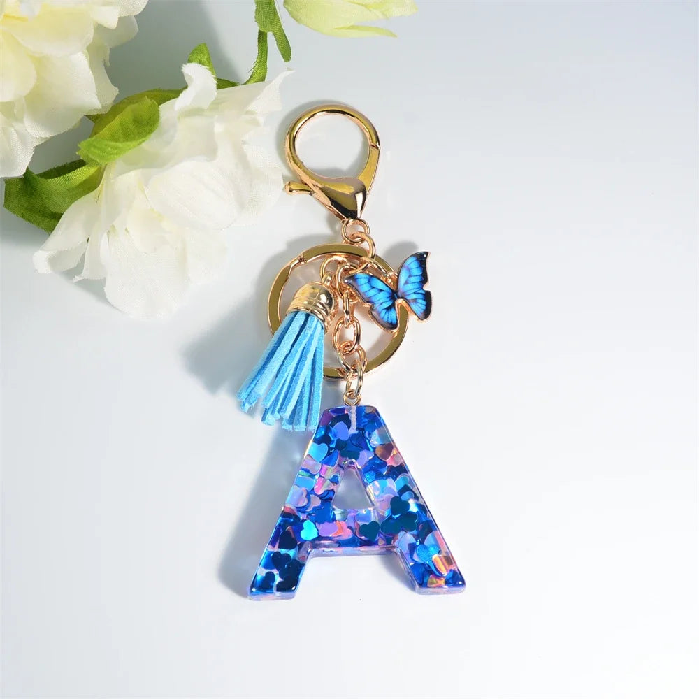 A-Z Blue Butterfly Tassel 26 Initials Keychain Women's Fashion Heart Sequin Letter Keyring Handbag Charm Car Trinket Accessories