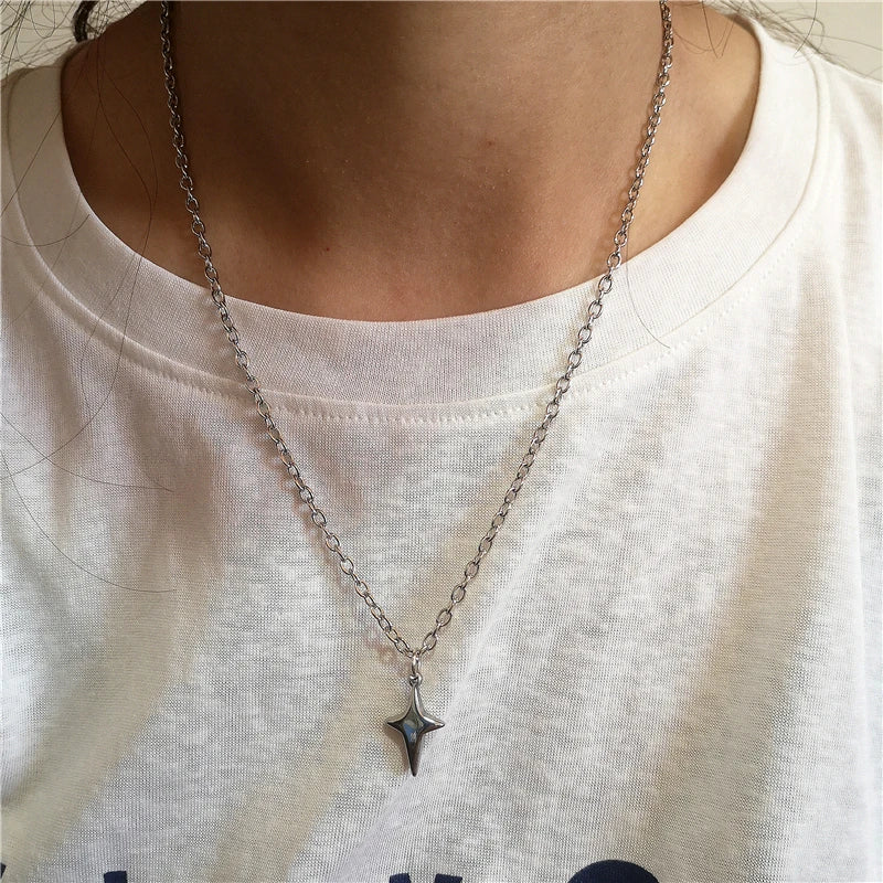 Punk Stainless Steel Chunky Cross Star Pendant Chain Necklace Fashion Simple Accessories For Men Women Jewelry