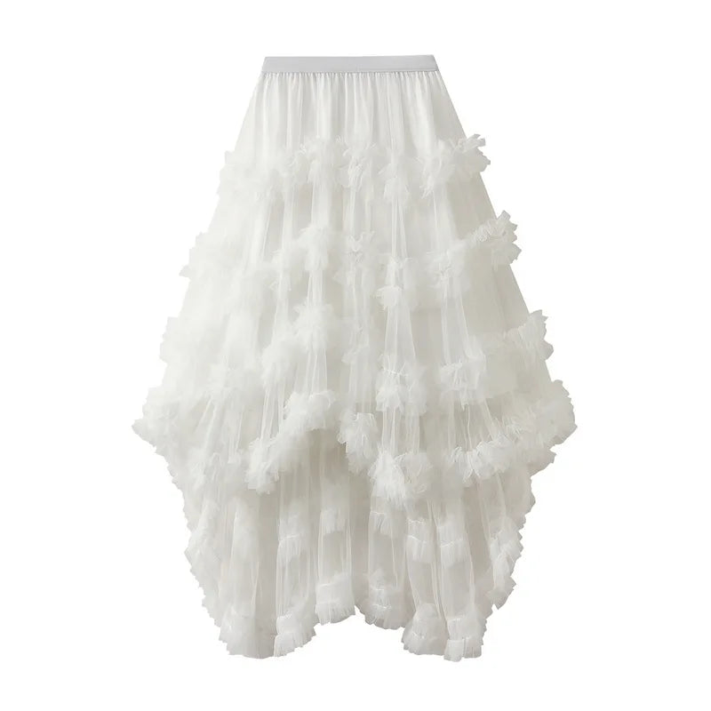 Women's Mesh Skirts Saree Candy Color Elastic Waist Fairy Mesh Half-body Skirt Puffy Irregular Ruffle Cake Skirt for Female 2025