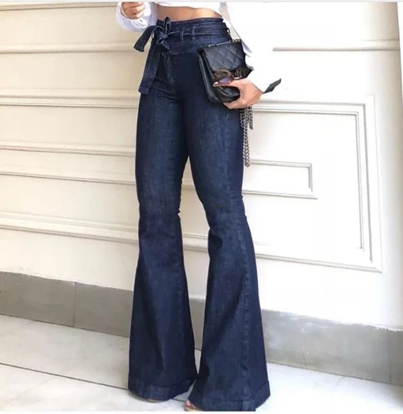 New Women Denim Tie Waist Flare Jeans Boyfriend Jeans Ladies High Waist Skinny bell bottom jeans Pants Autumn Wide Leg Mom Jeans