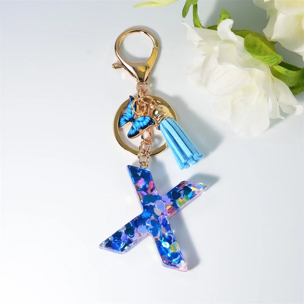 A-Z Blue Butterfly Tassel 26 Initials Keychain Women's Fashion Heart Sequin Letter Keyring Handbag Charm Car Trinket Accessories