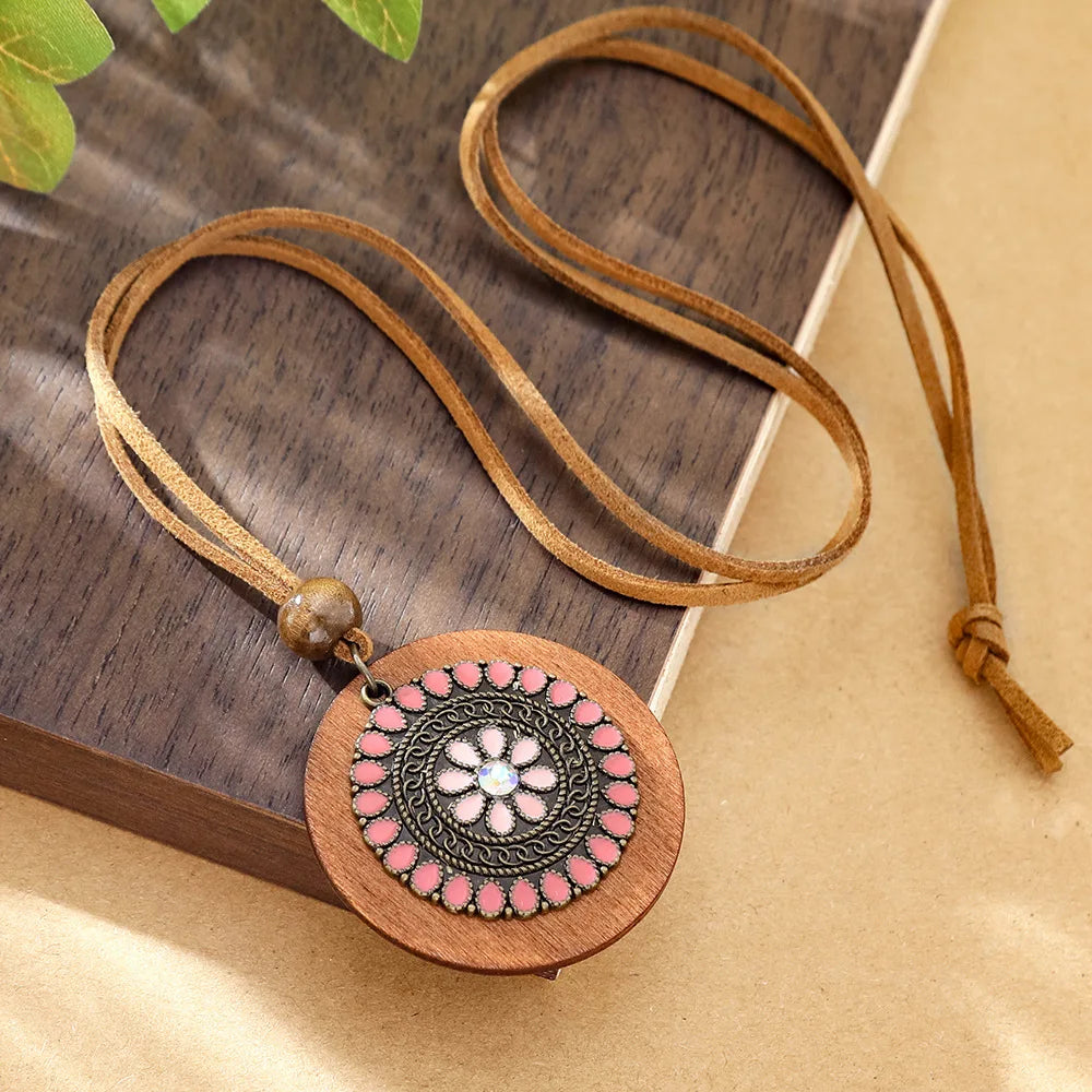 Bohemian Round Wooden Disc Pendant Necklaces for Women Ethnic Colorful Drop Oil Vintage Leather Rope Necklace Female Jewelry
