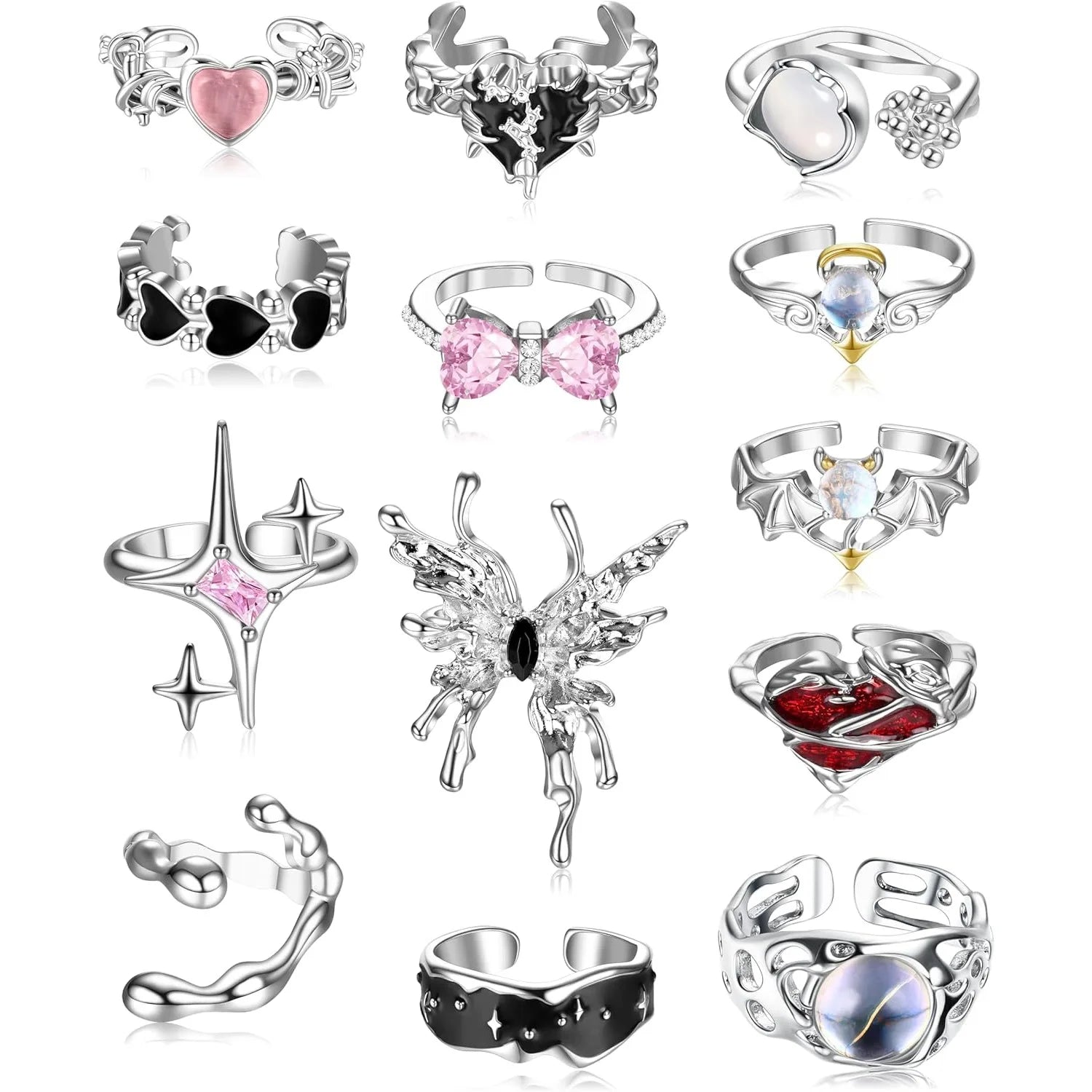 Florideco 13PCS Y2k Vintage Rings Set for Women Men Adjustable Ring Goth Open Butterfly Star Pink Heart Cool Ring Halloween Gift