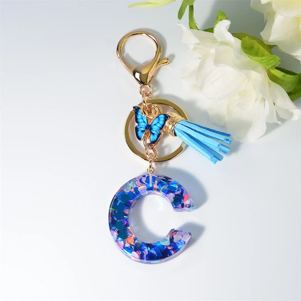 A-Z Blue Butterfly Tassel 26 Initials Keychain Women's Fashion Heart Sequin Letter Keyring Handbag Charm Car Trinket Accessories