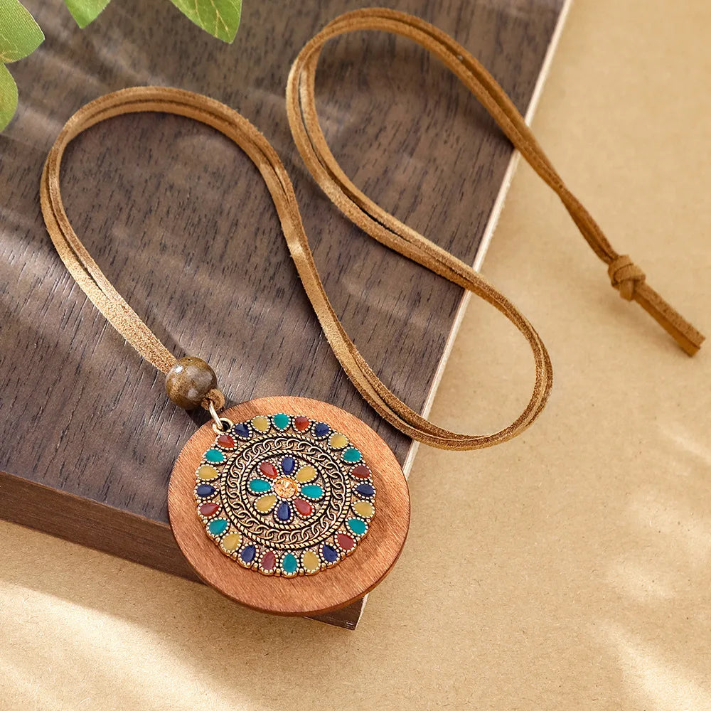 Bohemian Round Wooden Disc Pendant Necklaces for Women Ethnic Colorful Drop Oil Vintage Leather Rope Necklace Female Jewelry