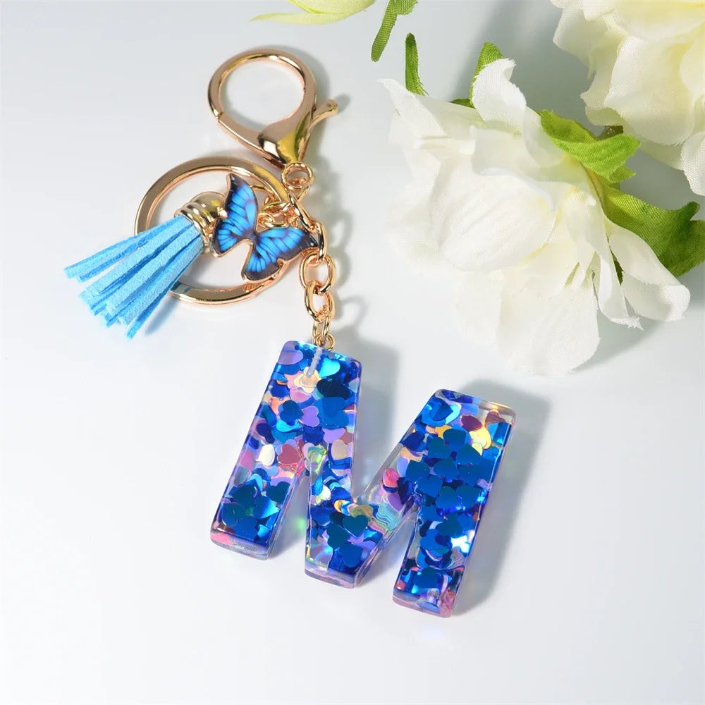 A-Z Blue Butterfly Tassel 26 Initials Keychain Women's Fashion Heart Sequin Letter Keyring Handbag Charm Car Trinket Accessories