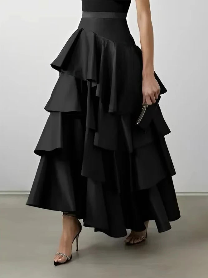 UOOZEE Women Fashion Elegant Falbala A-Line Skirt 2025 New Spring Summer Solid Color High Waisted Party Prom Maxi Skirts