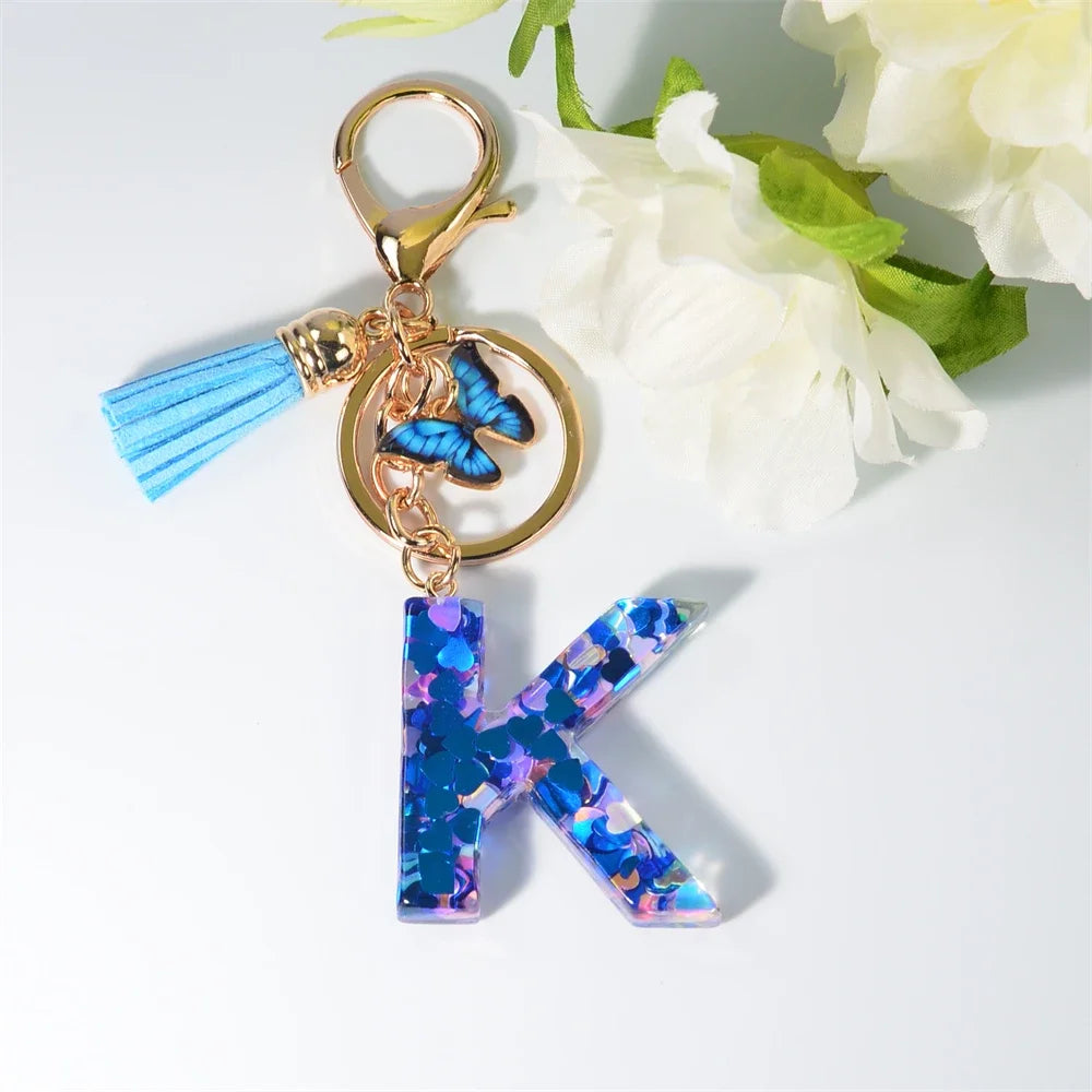 A-Z Blue Butterfly Tassel 26 Initials Keychain Women's Fashion Heart Sequin Letter Keyring Handbag Charm Car Trinket Accessories