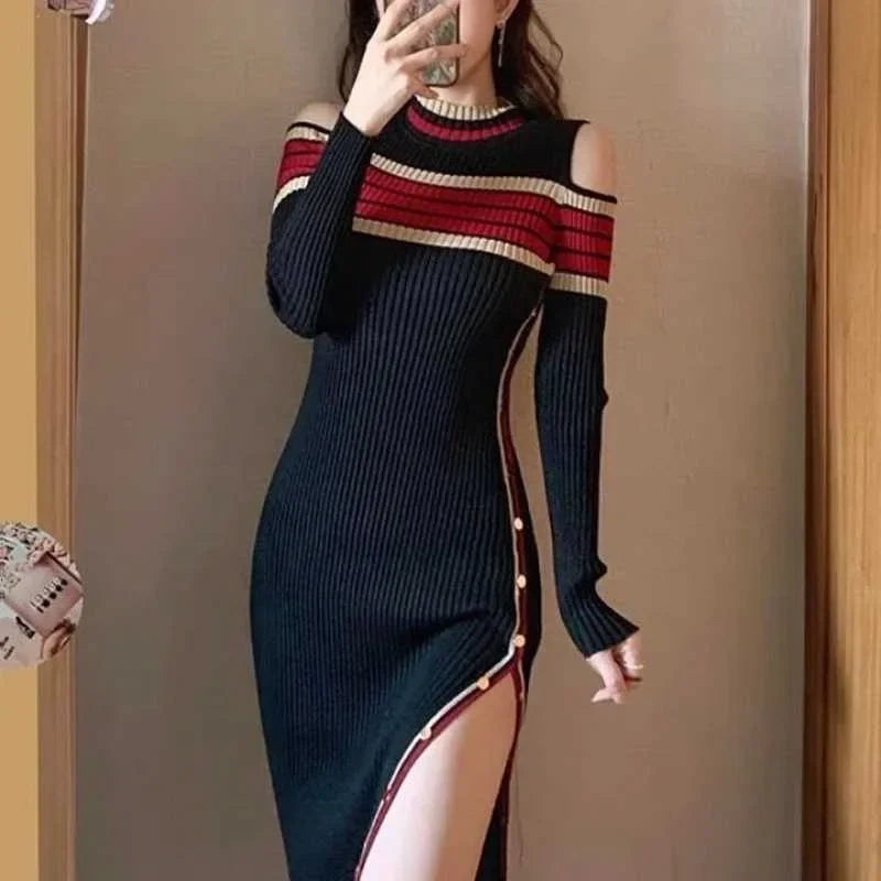 French Style Knitted Dress Slim Fit Shoulder Bared Long Gown for Women Autumn Fashion Elegant Ladylike Body Shape Highlighting
