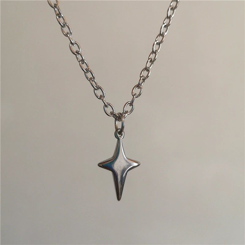 Punk Stainless Steel Chunky Cross Star Pendant Chain Necklace Fashion Simple Accessories For Men Women Jewelry