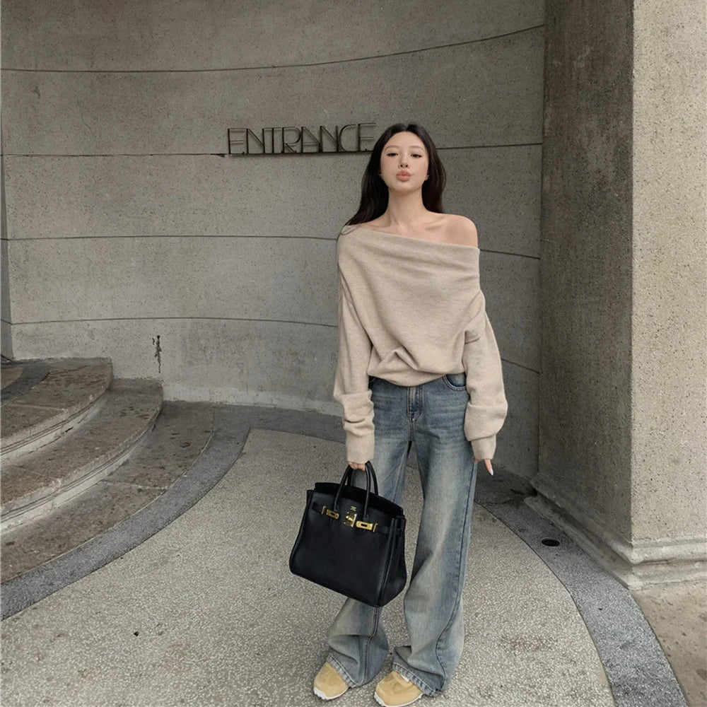 FZCSPEED Women's Off-shoulder Sweater Shoulder-baring Pullover Knit Solid Color Loose Knitwear Sweater for Autumn and Winter