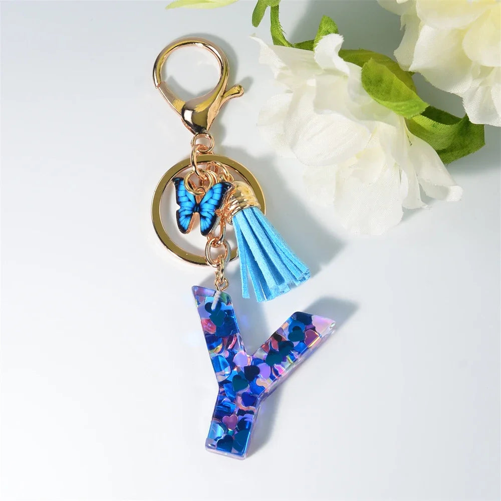 A-Z Blue Butterfly Tassel 26 Initials Keychain Women's Fashion Heart Sequin Letter Keyring Handbag Charm Car Trinket Accessories