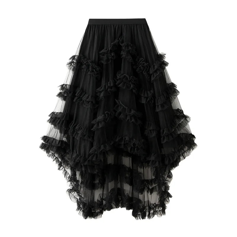 Women's Mesh Skirts Saree Candy Color Elastic Waist Fairy Mesh Half-body Skirt Puffy Irregular Ruffle Cake Skirt for Female 2025