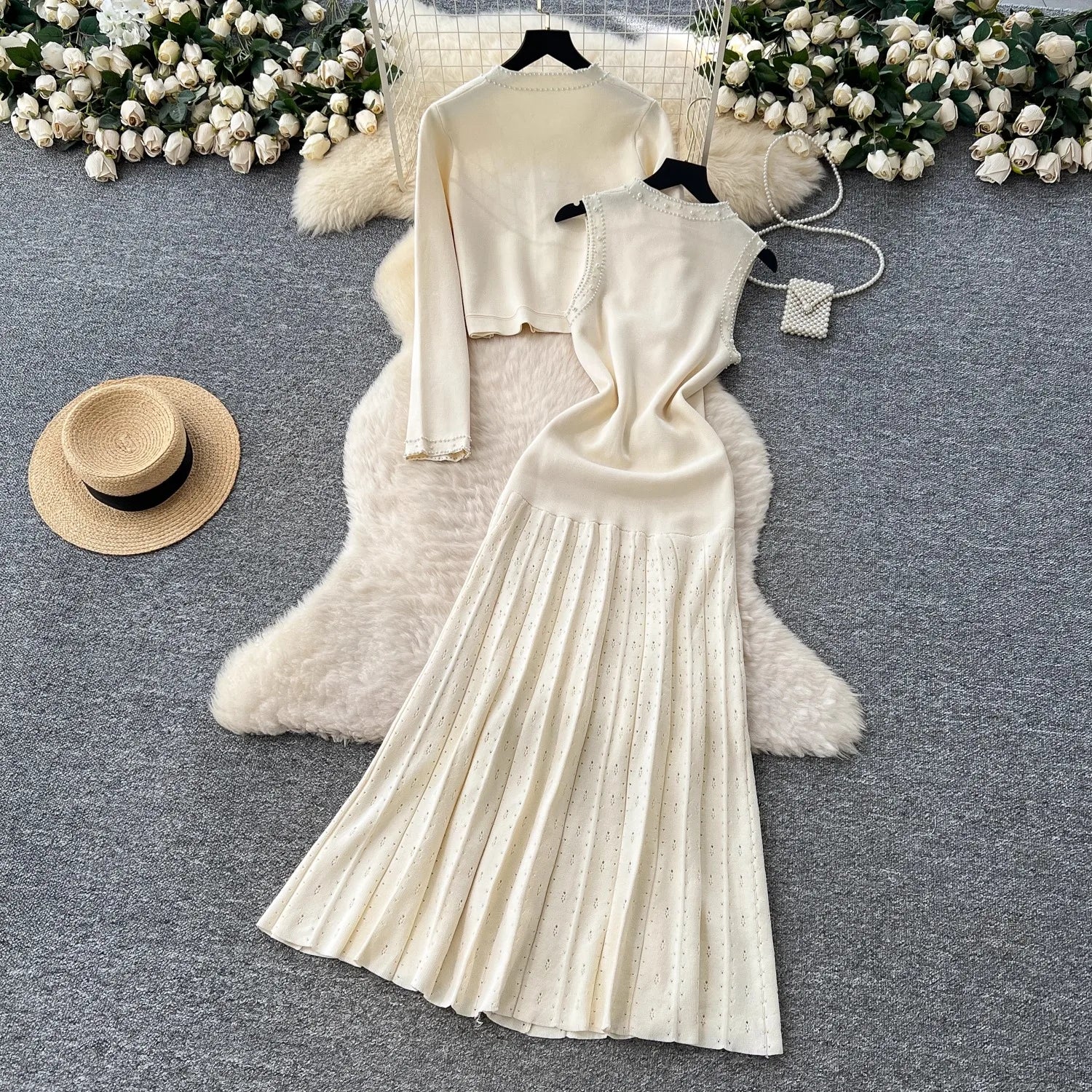 YuooMuoo Brand Fashion Women Two Piece Dress Set 2025 Autumn Winter Luxury Pears Long Fancy Dresses and Long Sleeve Cardigans