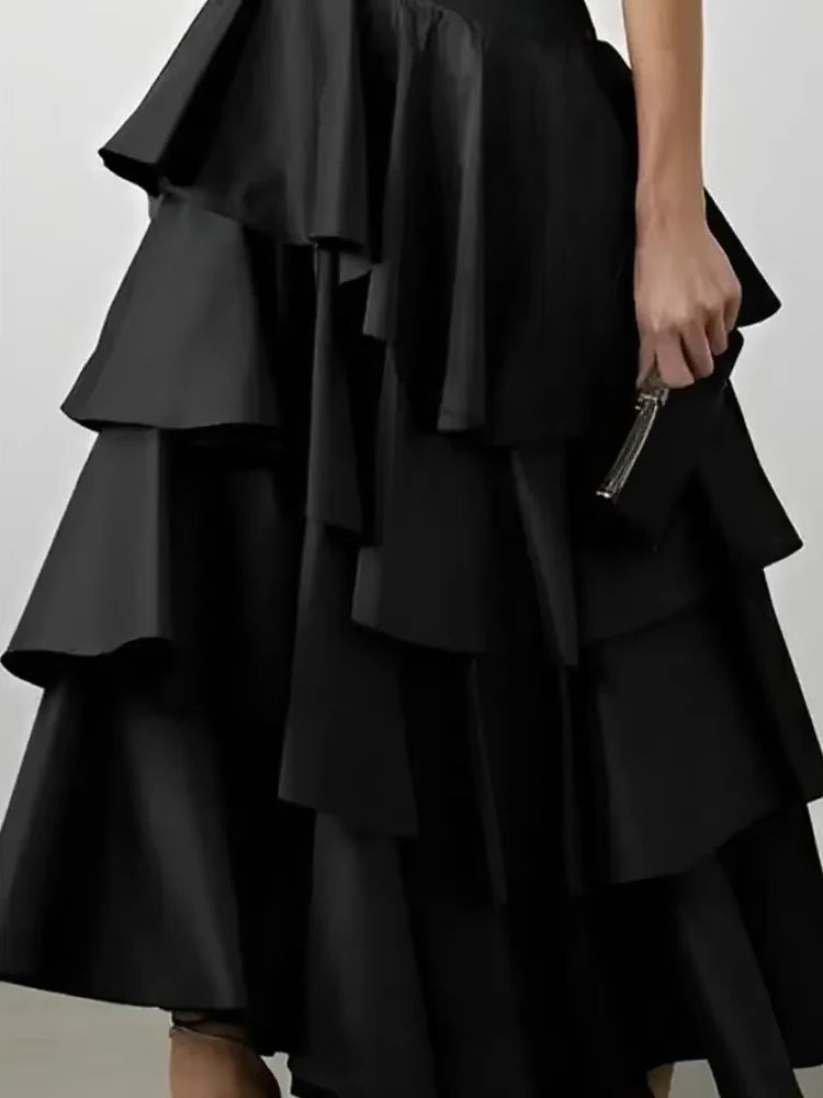 UOOZEE Women Fashion Elegant Falbala A-Line Skirt 2025 New Spring Summer Solid Color High Waisted Party Prom Maxi Skirts