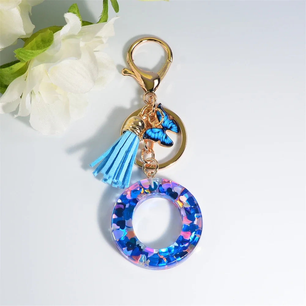 A-Z Blue Butterfly Tassel 26 Initials Keychain Women's Fashion Heart Sequin Letter Keyring Handbag Charm Car Trinket Accessories