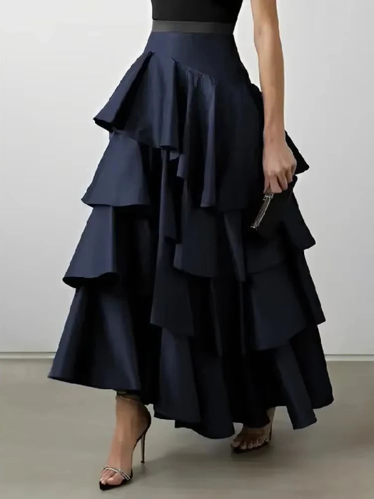 UOOZEE Women Fashion Elegant Falbala A-Line Skirt 2025 New Spring Summer Solid Color High Waisted Party Prom Maxi Skirts