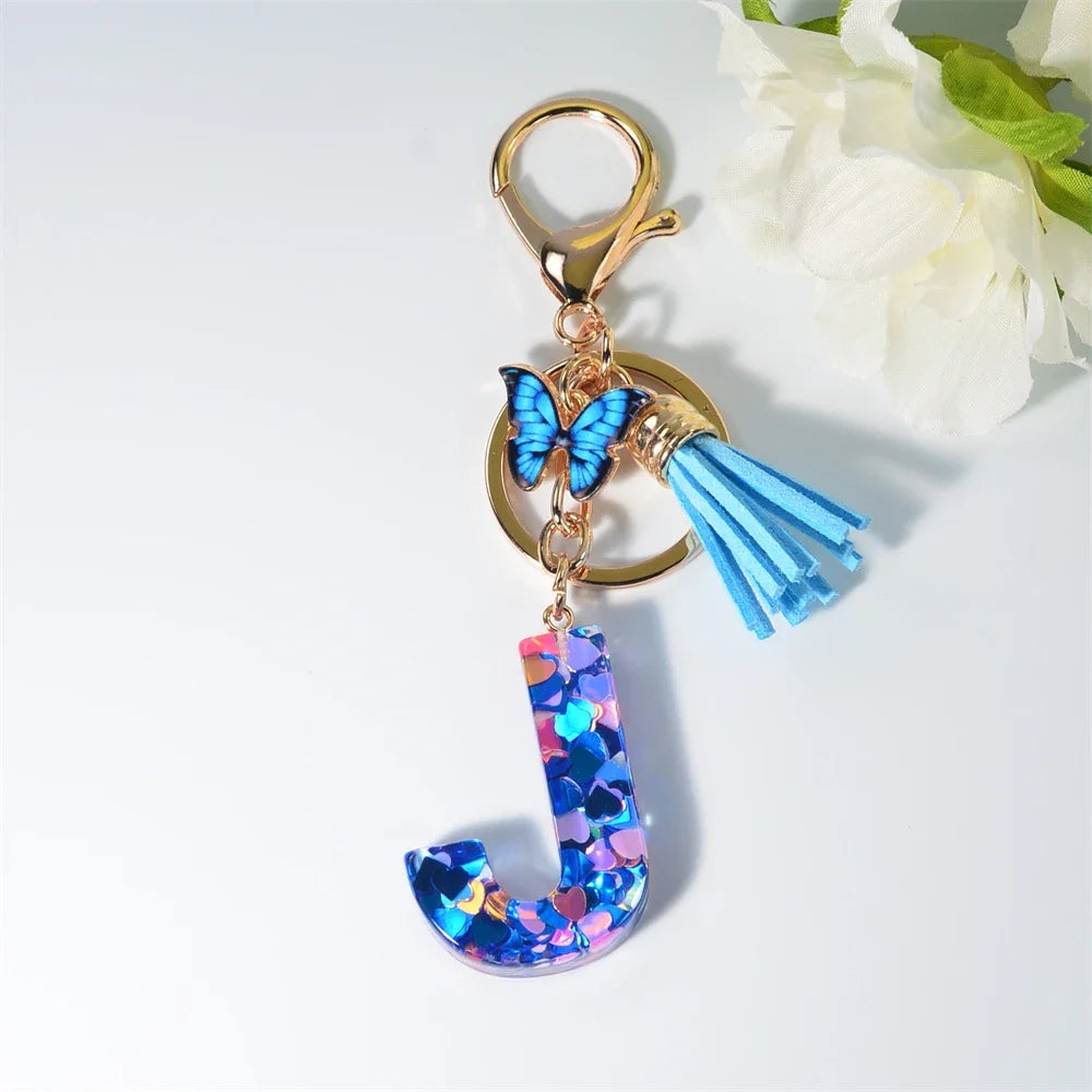 A-Z Blue Butterfly Tassel 26 Initials Keychain Women's Fashion Heart Sequin Letter Keyring Handbag Charm Car Trinket Accessories