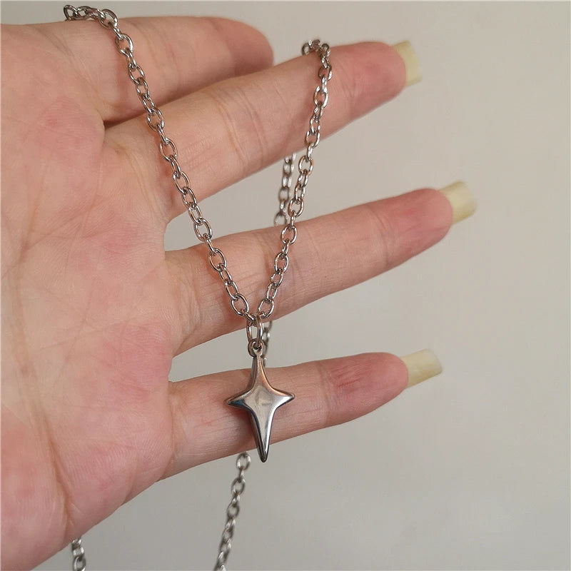 Punk Stainless Steel Chunky Cross Star Pendant Chain Necklace Fashion Simple Accessories For Men Women Jewelry