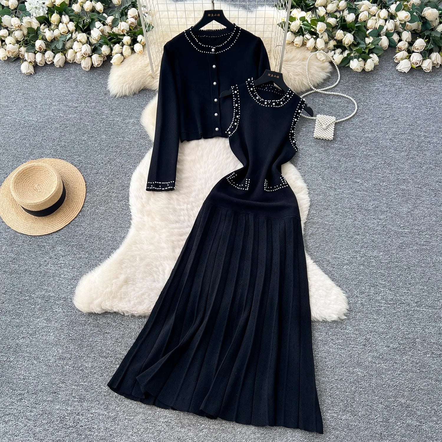 YuooMuoo Brand Fashion Women Two Piece Dress Set 2025 Autumn Winter Luxury Pears Long Fancy Dresses and Long Sleeve Cardigans