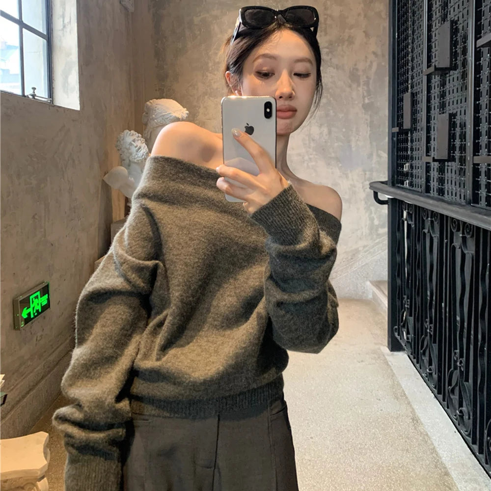 FZCSPEED Women's Off-shoulder Sweater Shoulder-baring Pullover Knit Solid Color Loose Knitwear Sweater for Autumn and Winter