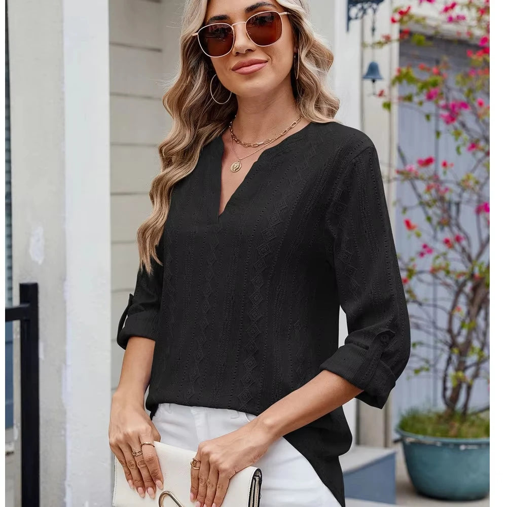 FZCSPEE Women's Casual Three-quarter Sleeve T-shirt V-neck Cut-out Solid Color Top with Cufflinks Versatile Commuter T-shirt