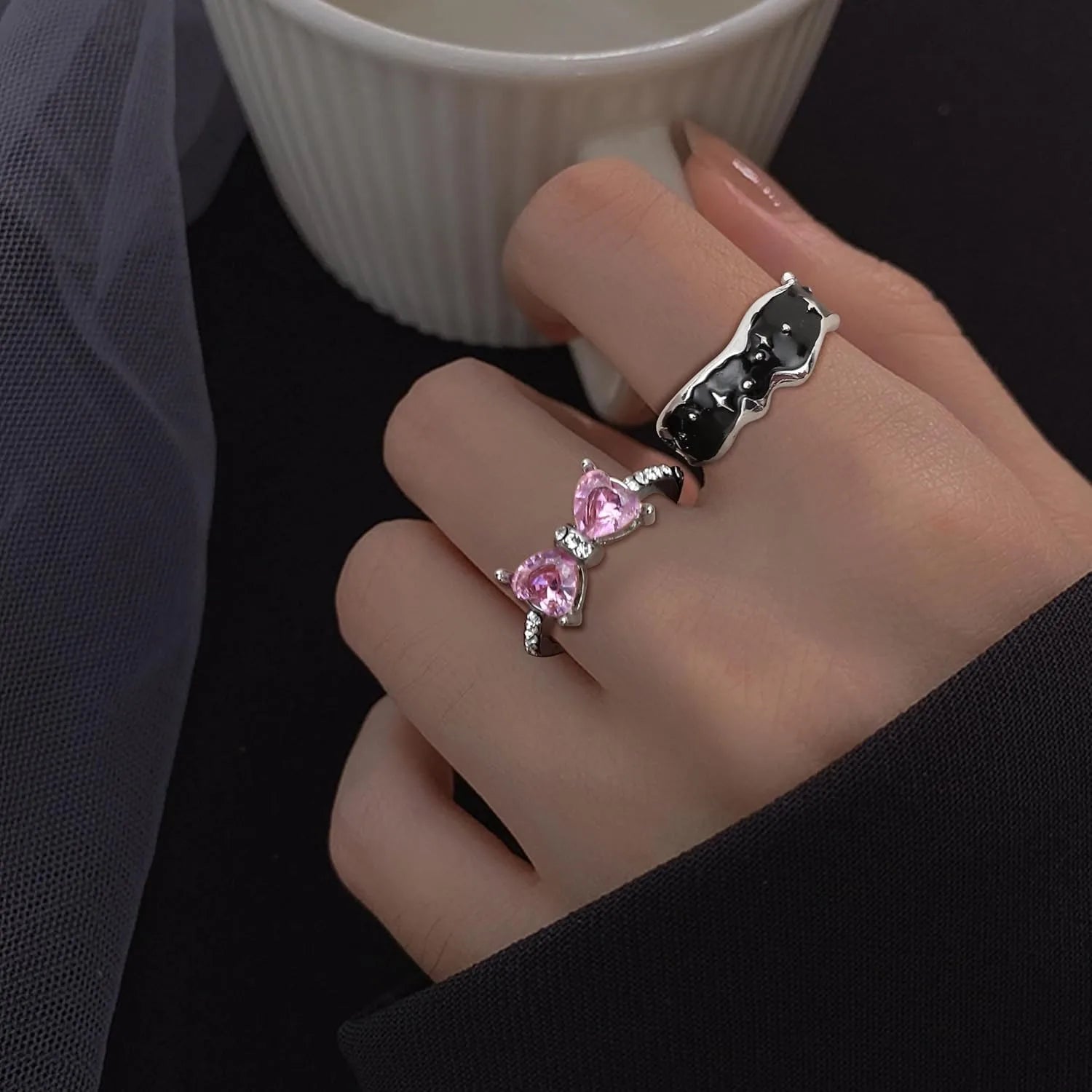 Florideco 13PCS Y2k Vintage Rings Set for Women Men Adjustable Ring Goth Open Butterfly Star Pink Heart Cool Ring Halloween Gift