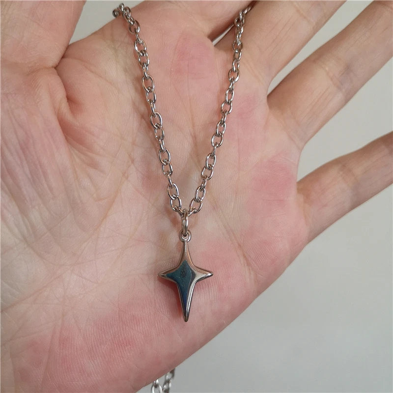 Punk Stainless Steel Chunky Cross Star Pendant Chain Necklace Fashion Simple Accessories For Men Women Jewelry