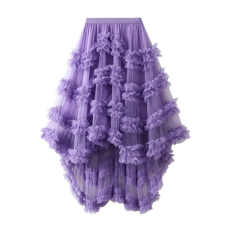 Women's Mesh Skirts Saree Candy Color Elastic Waist Fairy Mesh Half-body Skirt Puffy Irregular Ruffle Cake Skirt for Female 2025