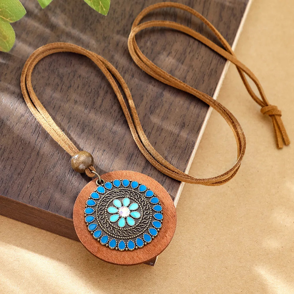 Bohemian Round Wooden Disc Pendant Necklaces for Women Ethnic Colorful Drop Oil Vintage Leather Rope Necklace Female Jewelry