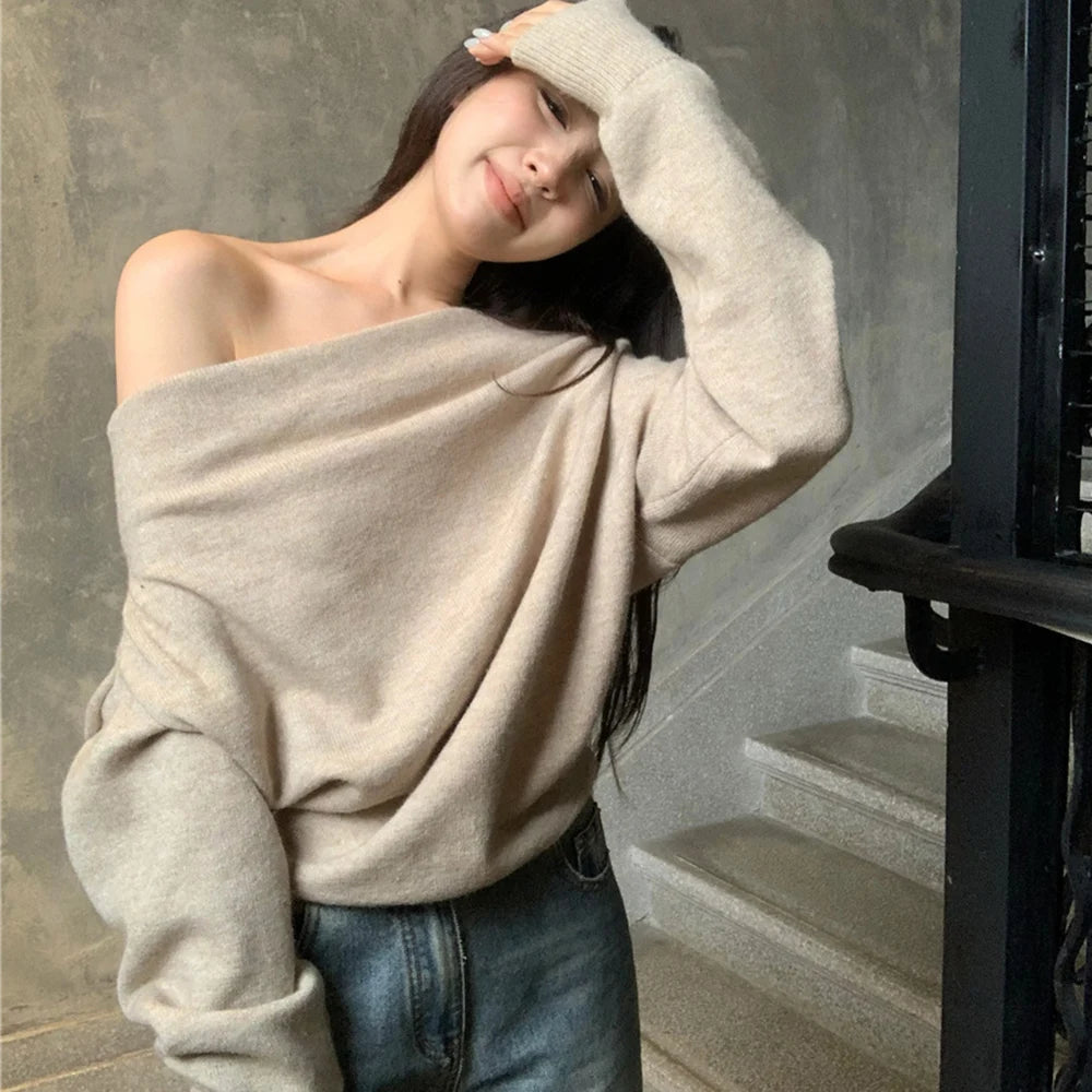 FZCSPEED Women's Off-shoulder Sweater Shoulder-baring Pullover Knit Solid Color Loose Knitwear Sweater for Autumn and Winter