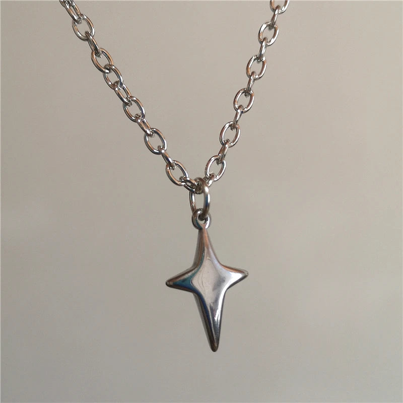 Punk Stainless Steel Chunky Cross Star Pendant Chain Necklace Fashion Simple Accessories For Men Women Jewelry