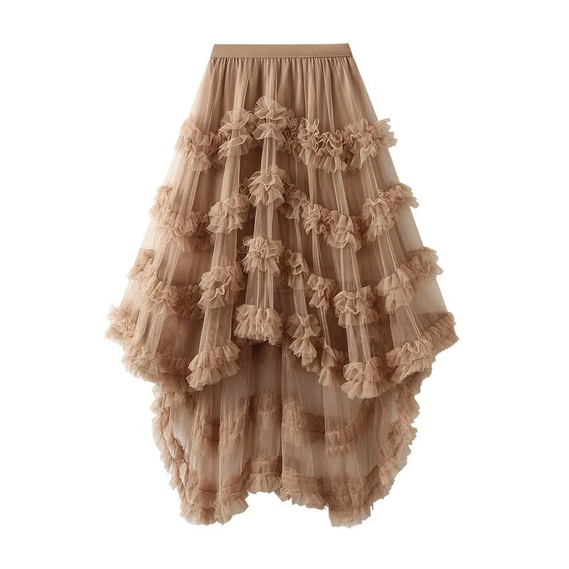 Women's Mesh Skirts Saree Candy Color Elastic Waist Fairy Mesh Half-body Skirt Puffy Irregular Ruffle Cake Skirt for Female 2025