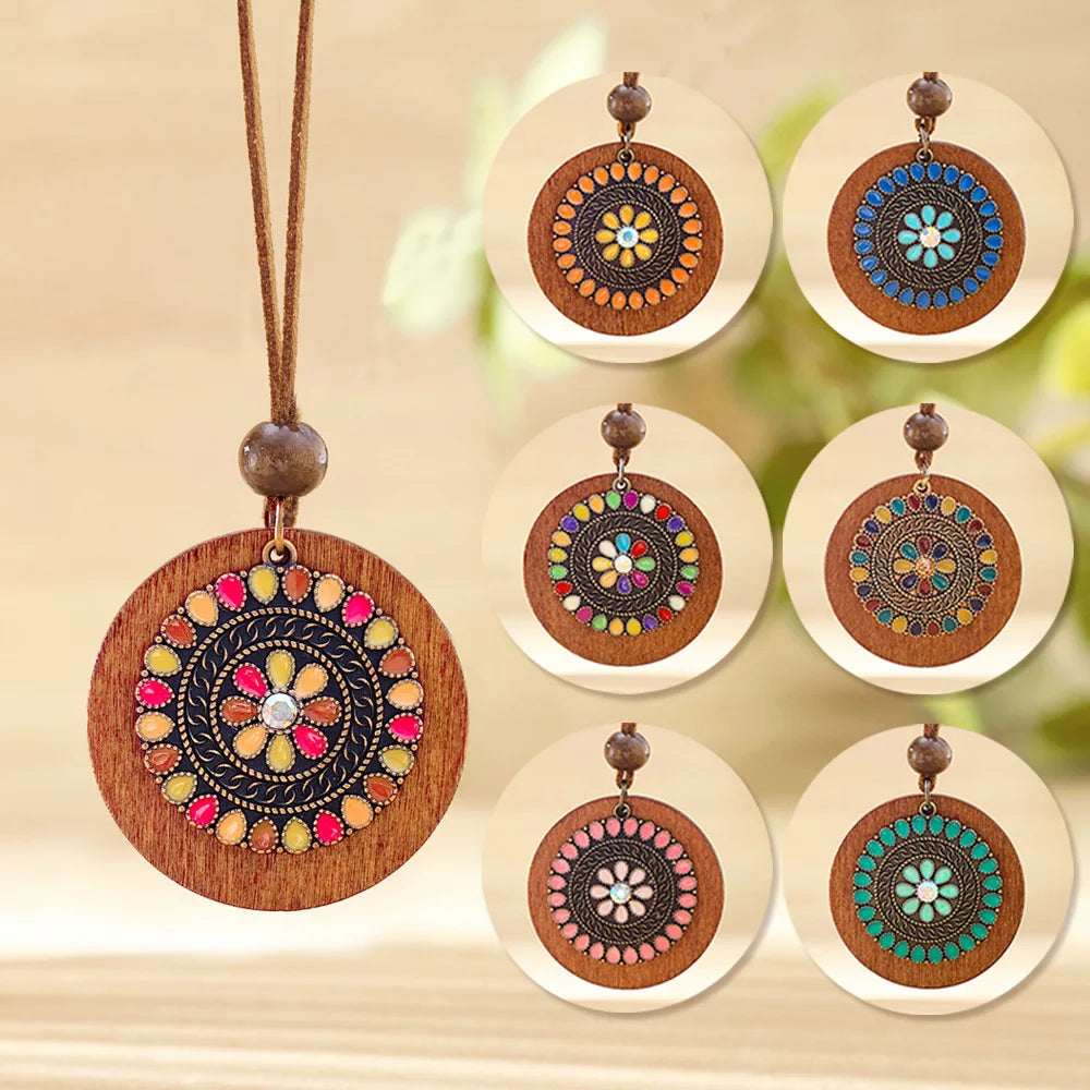 Bohemian Round Wooden Disc Pendant Necklaces for Women Ethnic Colorful Drop Oil Vintage Leather Rope Necklace Female Jewelry