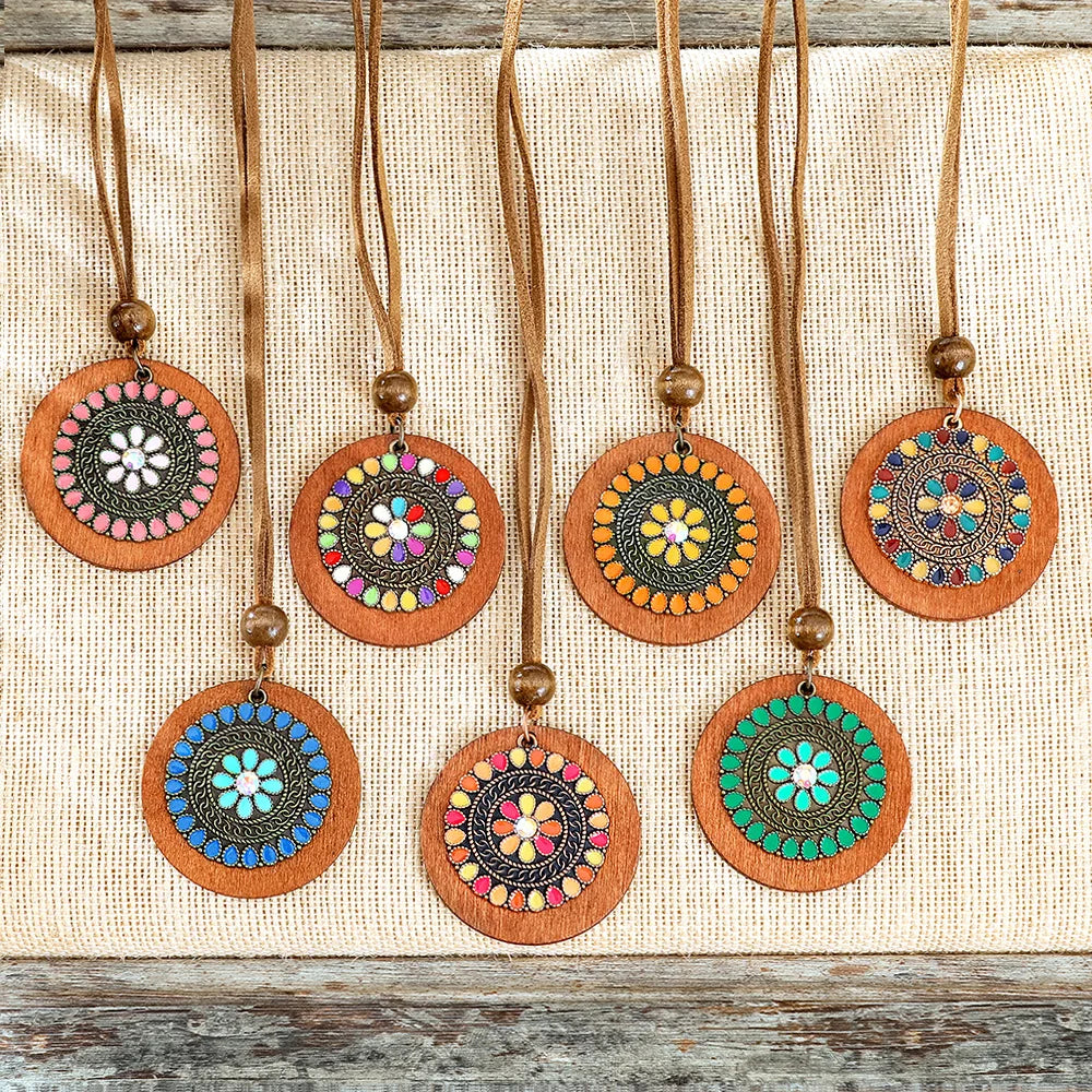 Bohemian Round Wooden Disc Pendant Necklaces for Women Ethnic Colorful Drop Oil Vintage Leather Rope Necklace Female Jewelry