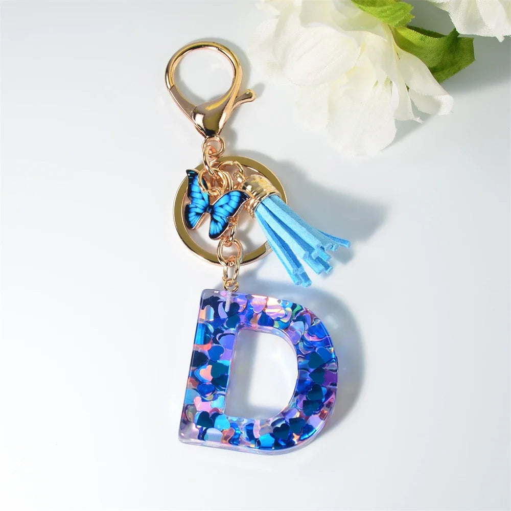 A-Z Blue Butterfly Tassel 26 Initials Keychain Women's Fashion Heart Sequin Letter Keyring Handbag Charm Car Trinket Accessories