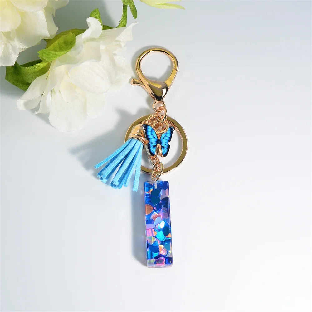 A-Z Blue Butterfly Tassel 26 Initials Keychain Women's Fashion Heart Sequin Letter Keyring Handbag Charm Car Trinket Accessories