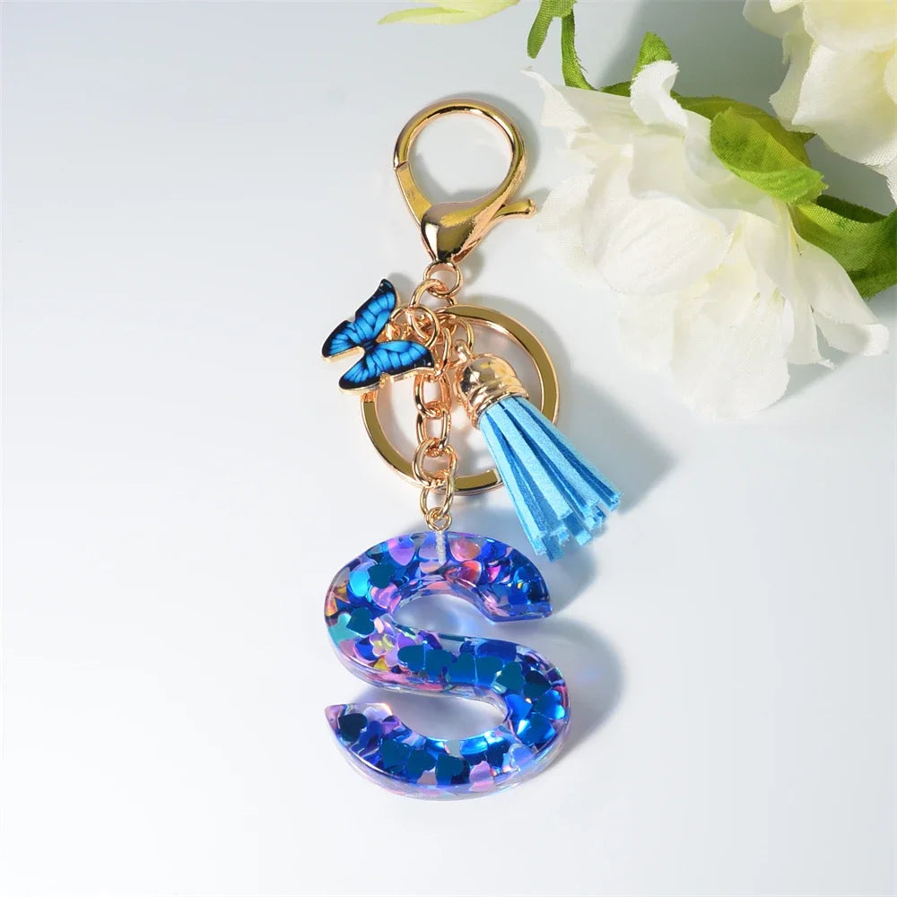 A-Z Blue Butterfly Tassel 26 Initials Keychain Women's Fashion Heart Sequin Letter Keyring Handbag Charm Car Trinket Accessories