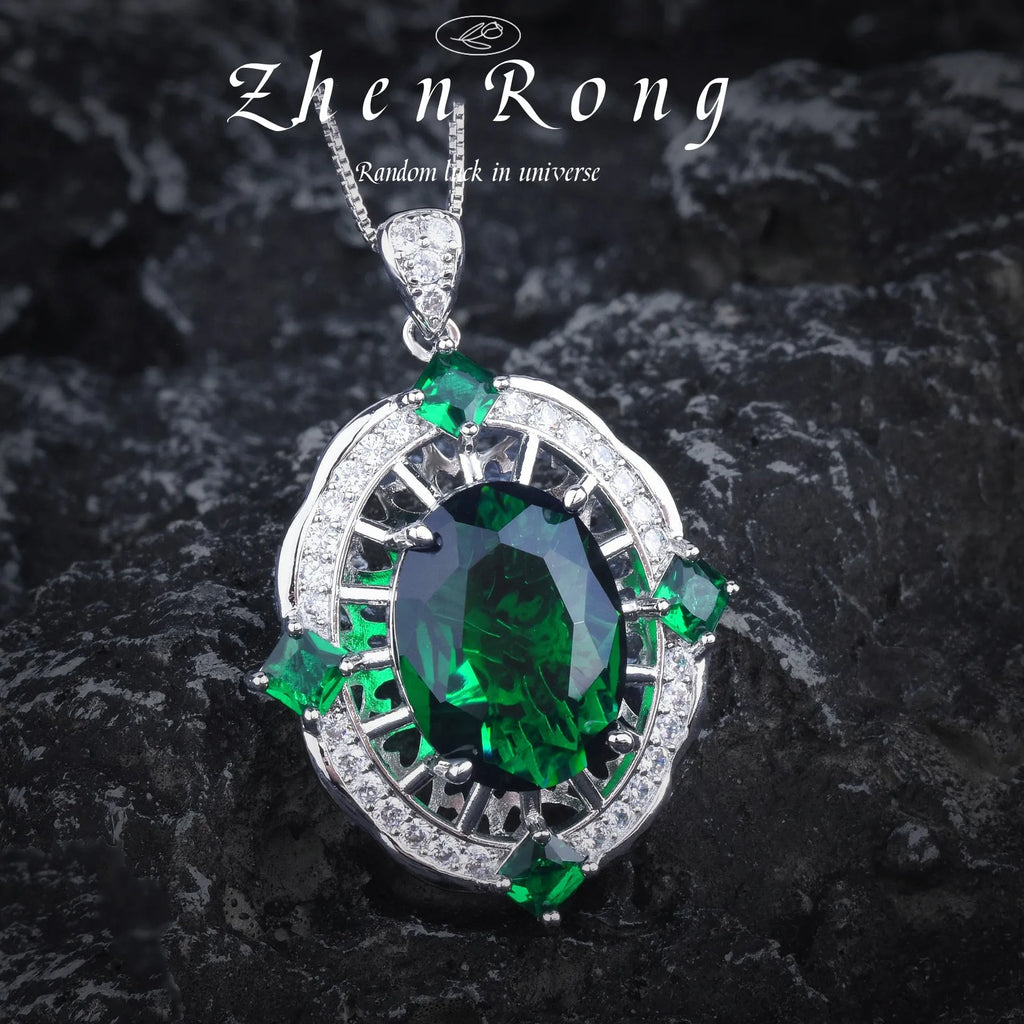 Luxury Silver Color Jewelry Sets For Women Green Gemstone Emerald Rings Pendant Necklaces Stud Earrings Wedding Fine 2023 New