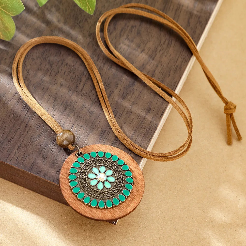 Bohemian Round Wooden Disc Pendant Necklaces for Women Ethnic Colorful Drop Oil Vintage Leather Rope Necklace Female Jewelry