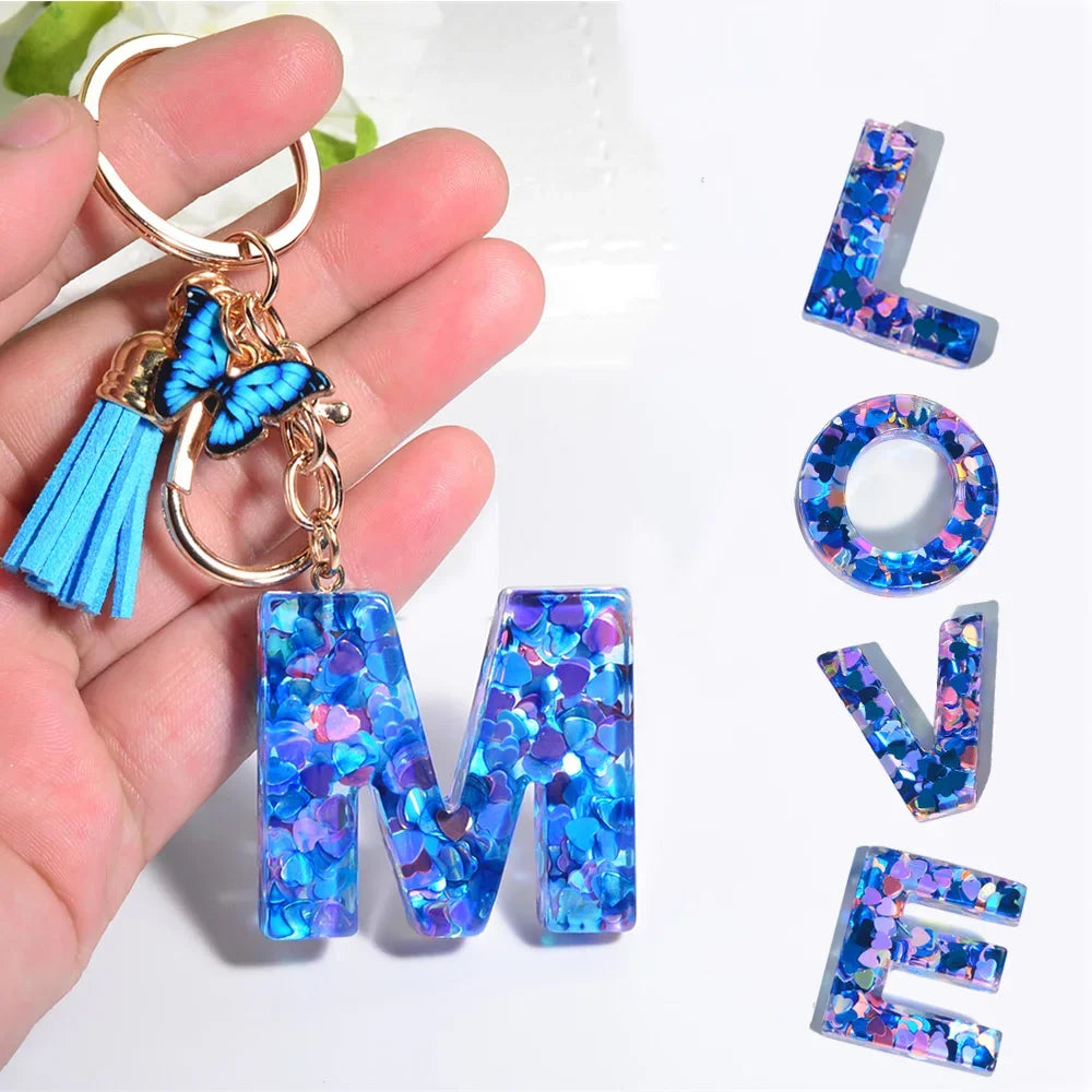 A-Z Blue Butterfly Tassel 26 Initials Keychain Women's Fashion Heart Sequin Letter Keyring Handbag Charm Car Trinket Accessories