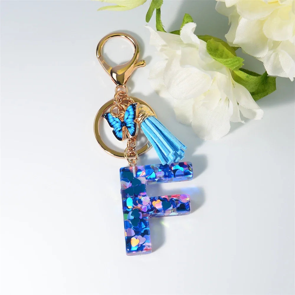 A-Z Blue Butterfly Tassel 26 Initials Keychain Women's Fashion Heart Sequin Letter Keyring Handbag Charm Car Trinket Accessories