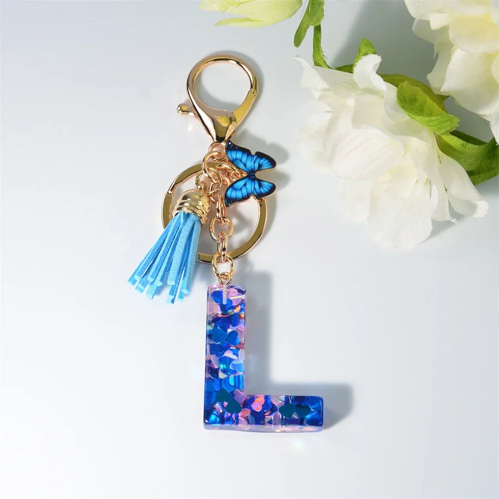A-Z Blue Butterfly Tassel 26 Initials Keychain Women's Fashion Heart Sequin Letter Keyring Handbag Charm Car Trinket Accessories
