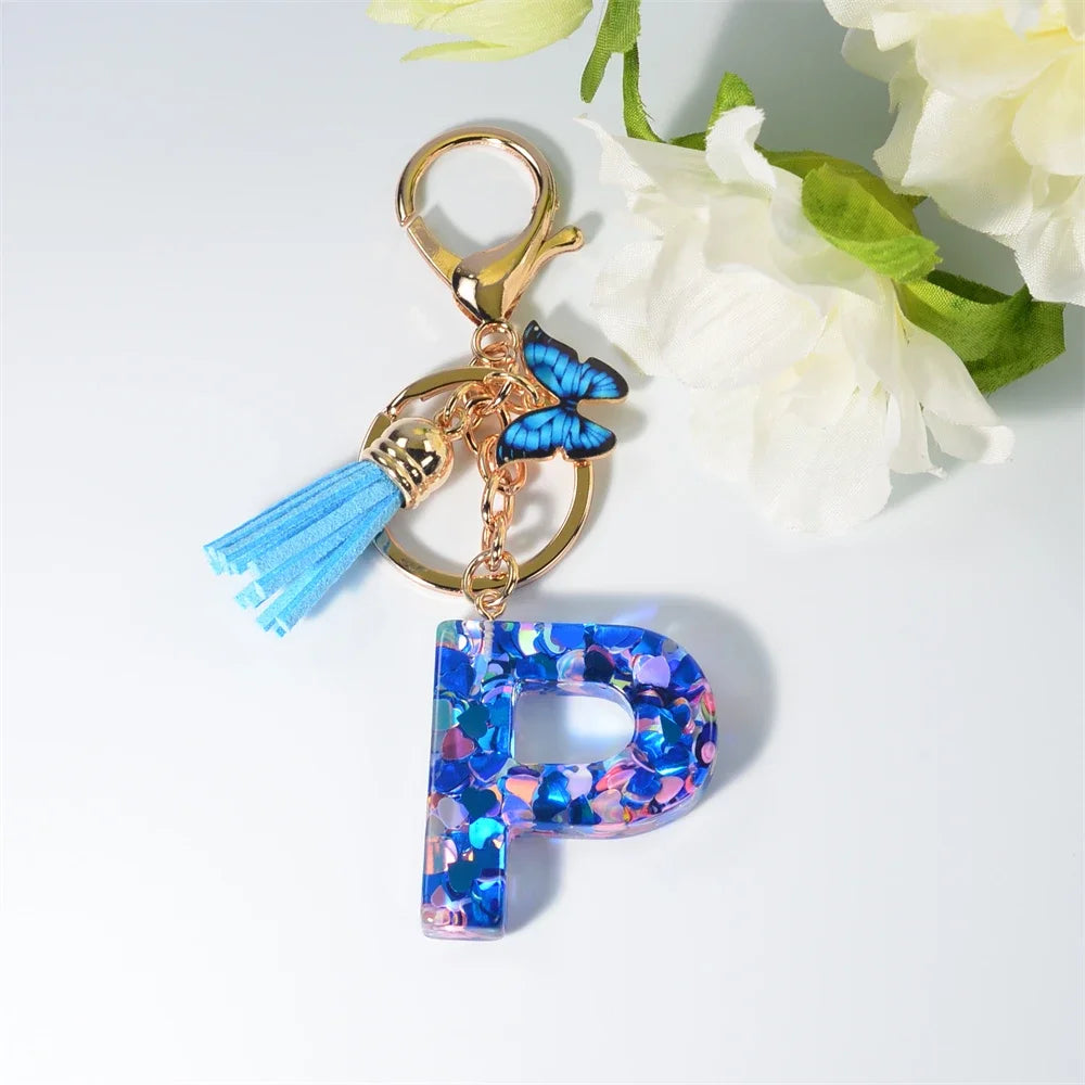 A-Z Blue Butterfly Tassel 26 Initials Keychain Women's Fashion Heart Sequin Letter Keyring Handbag Charm Car Trinket Accessories
